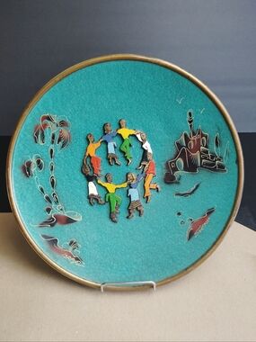 Vintage Israel Judaic Enamel Brass Wall Hang Plate Hand Painted Dancing Figures